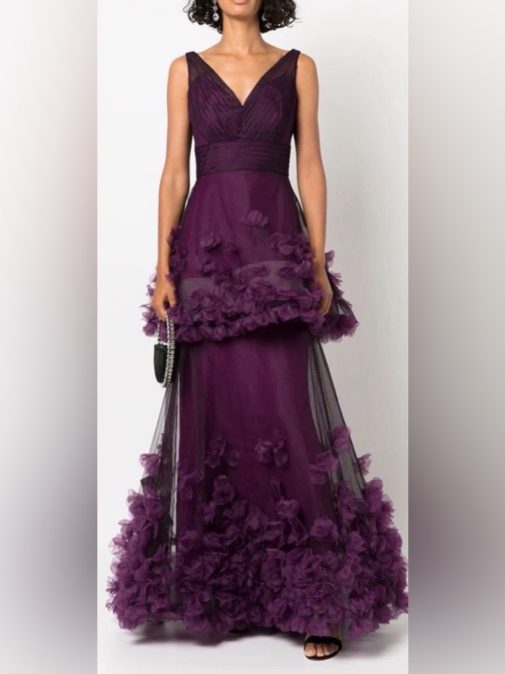 Marchesa Notte Tiered Floral-Appliqué Gown in Aubergine